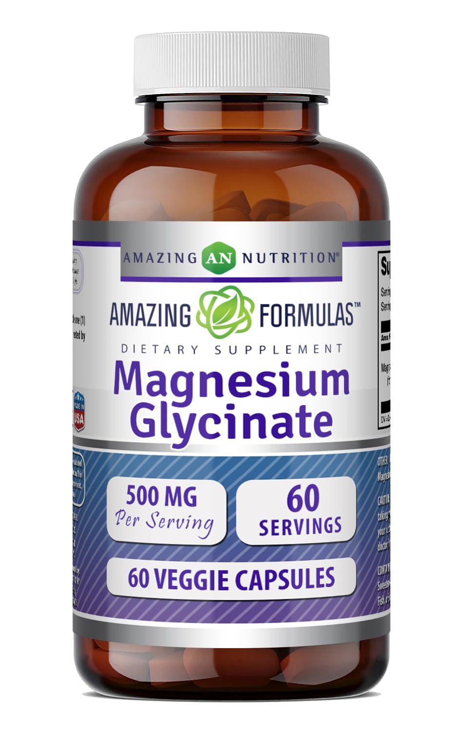 Amazing Formulas Magnesium Glycinate 500 Mg | Veggie Capsules Supplement | Non-GMO | Gluten-Free | Made in USA (60 Count, 1 Pack) Unflavored 60 Count (Pack of 1)