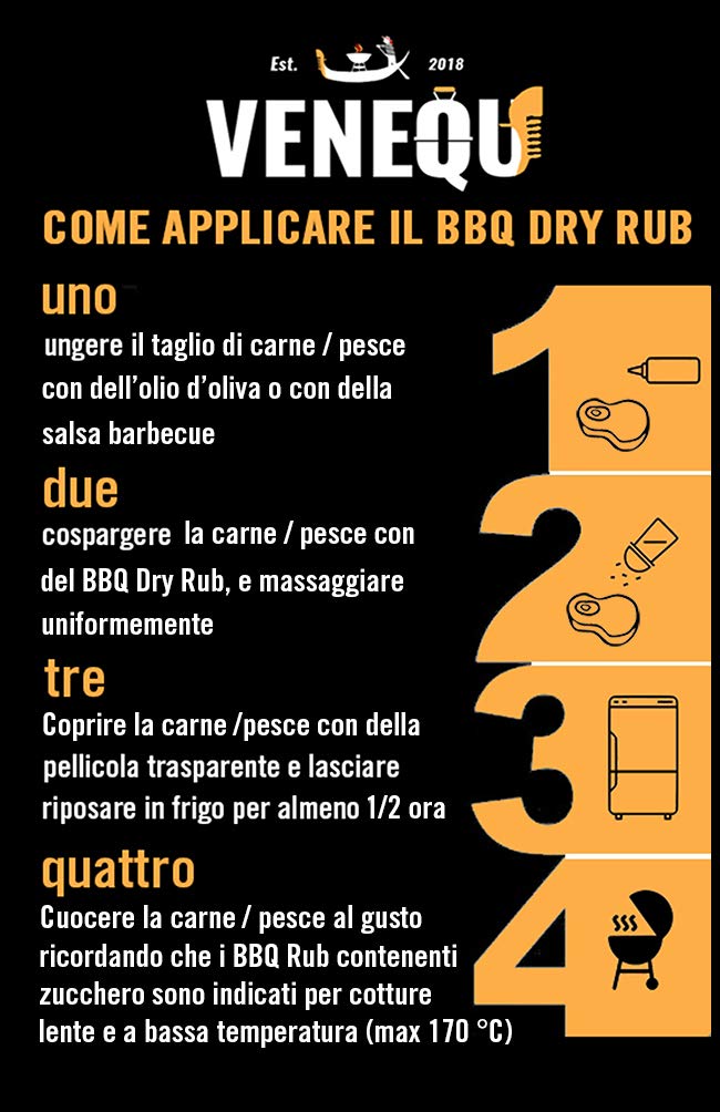 VENEQU Black Spog BBQ Dry RUB 150 gr | Black Spot BBQ RUB 150 gr | Mezcla de especias para barbacoa universal | Perfecto para Beef Ribs, Brisket | Marinado en seco de alta calidad 100% | Made in Italy