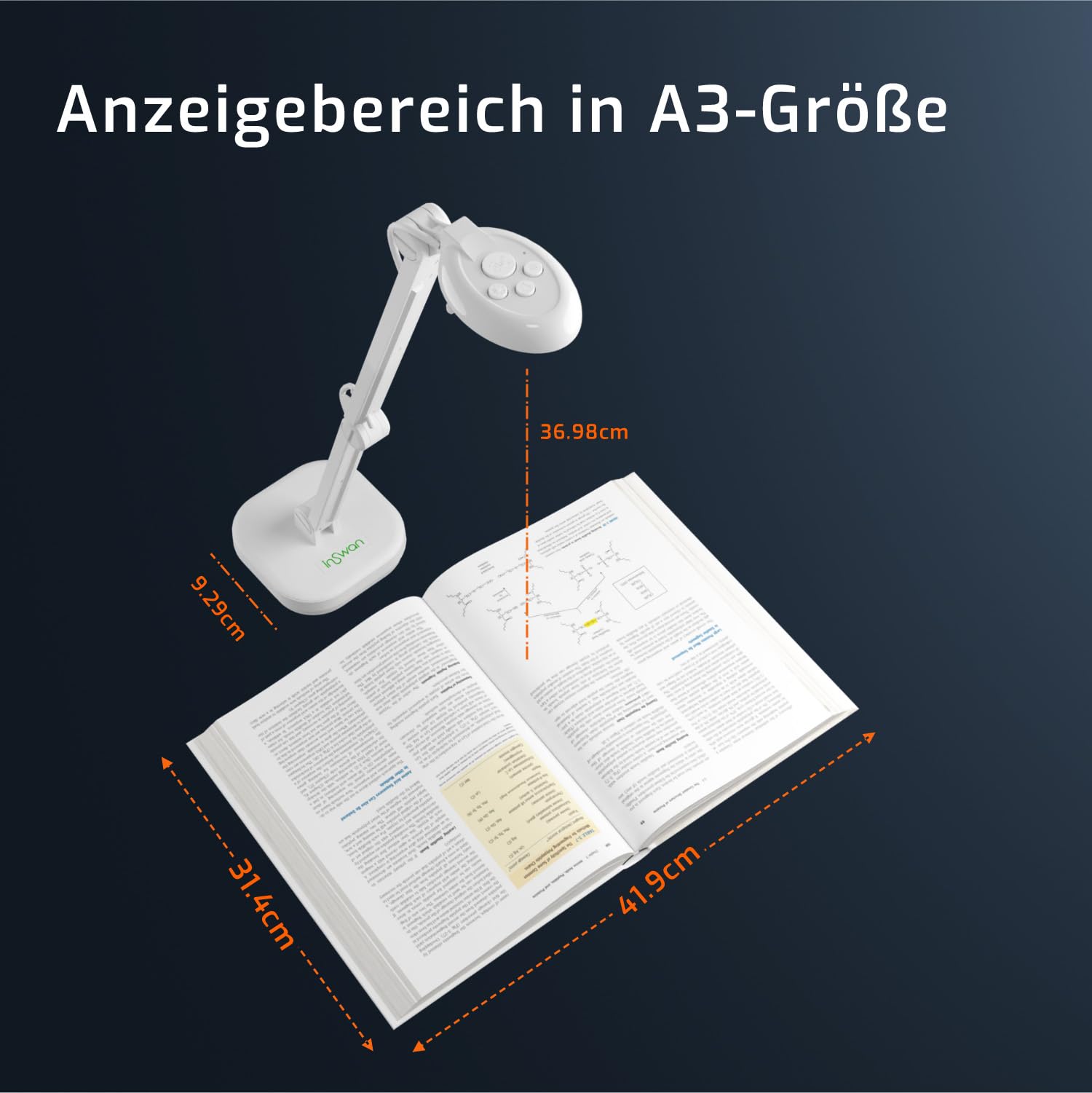 INSWAN INS-2 USB Dokumentenkamera, 13MP 4K mit Autofokus, A3 Aufnahmebereich, LED,Mikrofon, kompatibel mit macOS, Windows, iPad, Chromebook, perfekt für Unterricht, Kunstausstellungen, große Dokumente