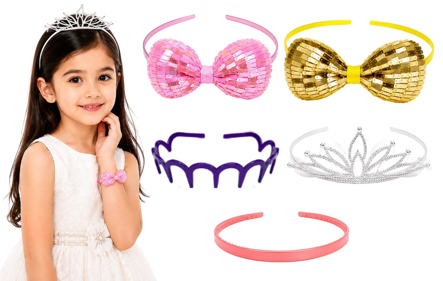 ANNA CREATIONS 5 Pcs Fancy Stylish Glitter Hairband Bow Knot Crown Headband Plastic Teeth Comb Hair Accessories for Girls & Kids-image-35