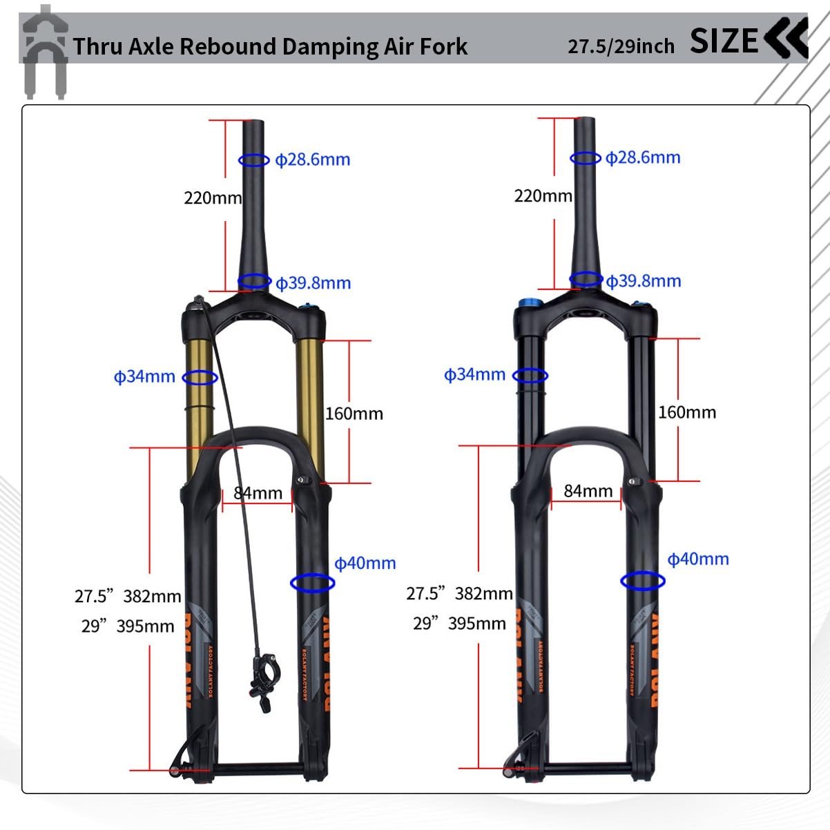 27,5/29" Forcella Air MTB Forcella Anteriore con Sospensione Boost Perno Passante 15x110mm 1-1/2" Freno A Disco Regolazione del Ritorno Escursione di 160mm(29'' Gold,Remote Lockout)
