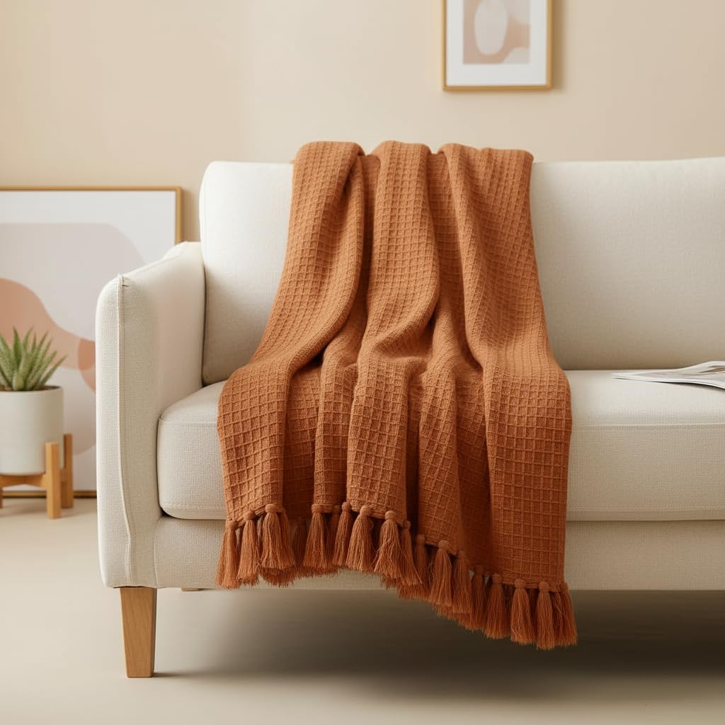 100% Cotton Waffle Weave Sofa Throw Blanket 50x60 Inches or 125x150 cms Lightweight, Soft & Breathable Couch, Bed or Chair Throw Blanket for Living or Bedroom, Orange-image-17