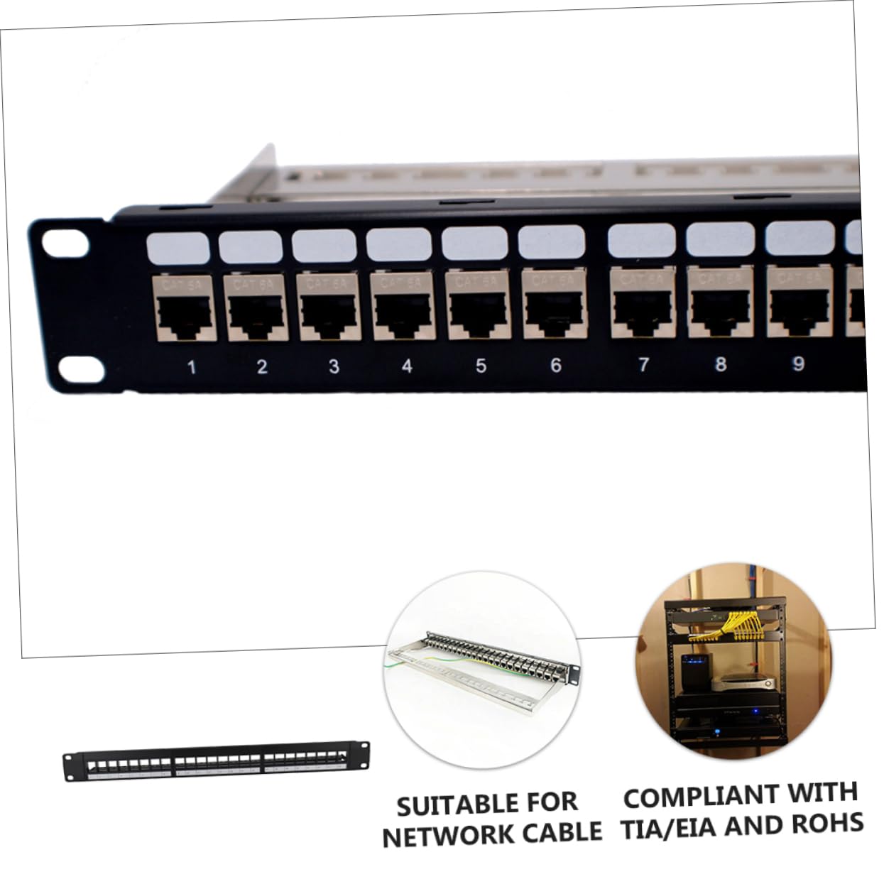 Panneau de Brassage Ethernet 19 Pouces, 24 Ports, Métal Noir, Montage en Rack, Non, pour Câbles Cat 5e à Cat 7