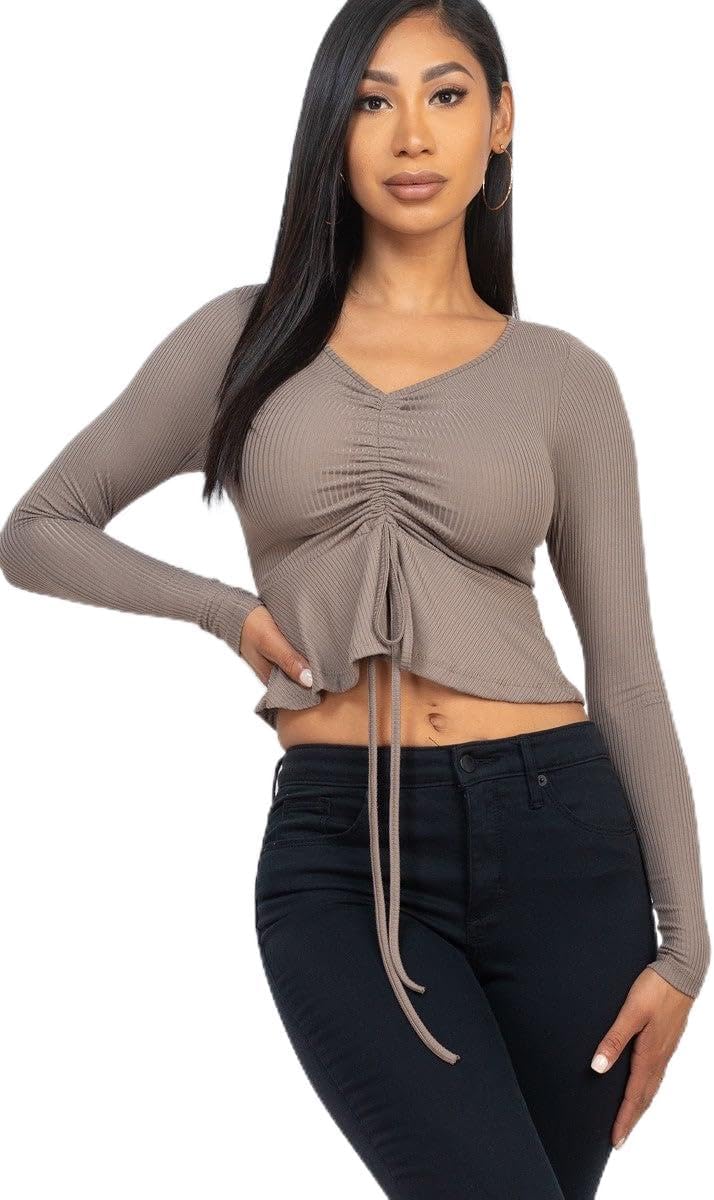 Size Large Capella USA Ribbed Drawstring Front Long Sleeve Peplum Top