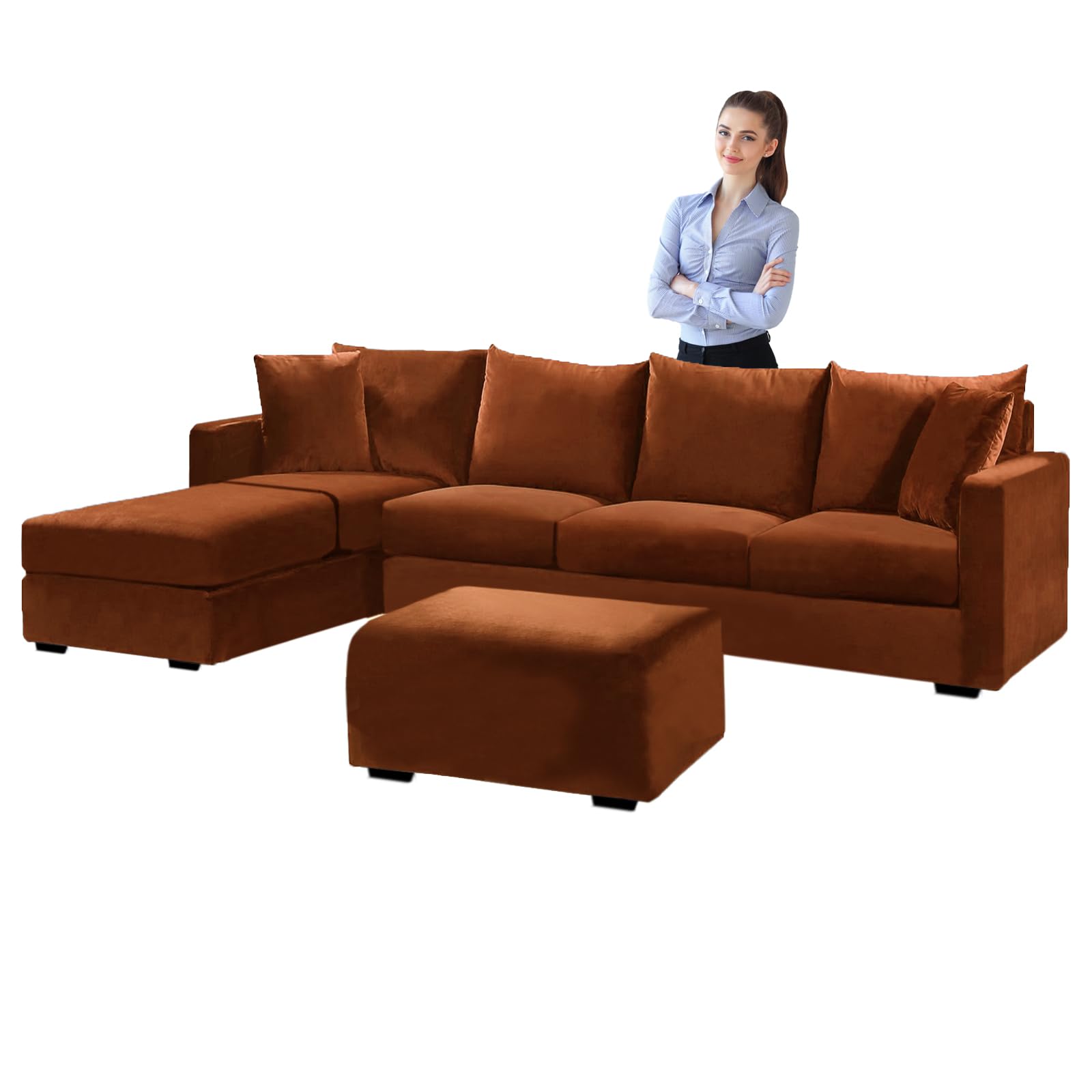SYLC Velvet Sofa Covers L Shape, Stretch Corner Sofa Cover with Cushion Covers, Couch Cover Friheten Cover for U Sectional Sofa (Red coffee,Stool Rectangula)