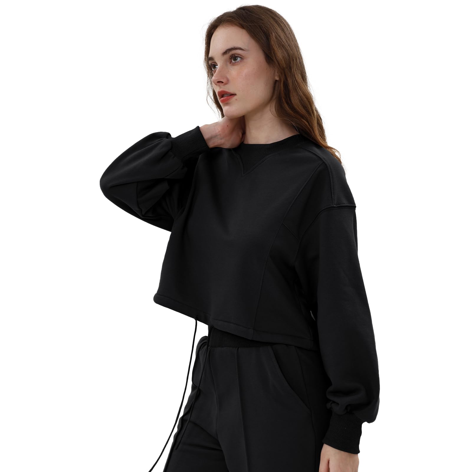 Amazhiyu Sweatshirt für Damen Crop Pullover Herbst Damenpullover Hoodie Ohne Kapuze Langarm Basic Pulli Baumwolle Langarmshirt Tops Bauchfreies Oberteile Winter Mit Kordelzug