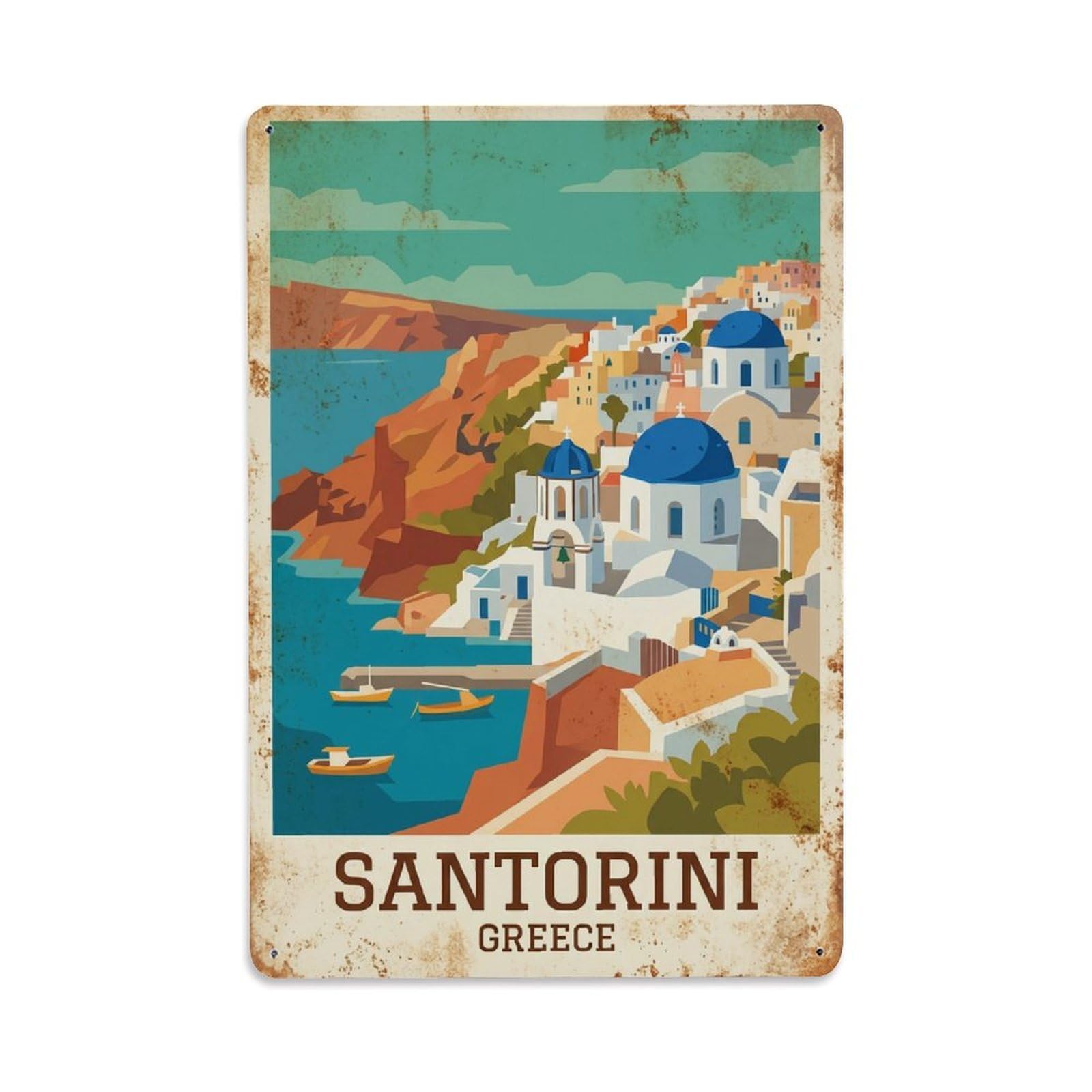 Fyrn Style Metal Tin Sign Vintage Travel Santorini Greece Seascape