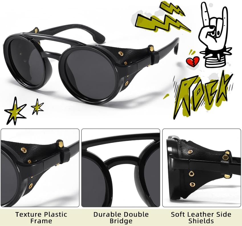 Polarized Round Steampunk Sunglasses with Leather Side Double Bridge Shield Retro Eyewear for Men Women - Image 6