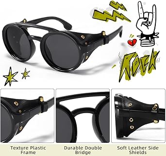 Polarized Round Steampunk Sunglasses with Leather Side Double Bridge Shield Retro Eyewear for Men Women