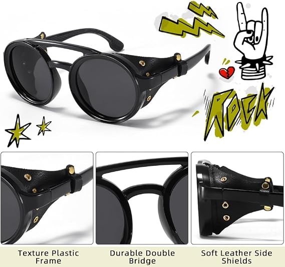 Polarized Round Steampunk Sunglasses with Leather Side Double Bridge Shield Retro Eyewear for Men Women