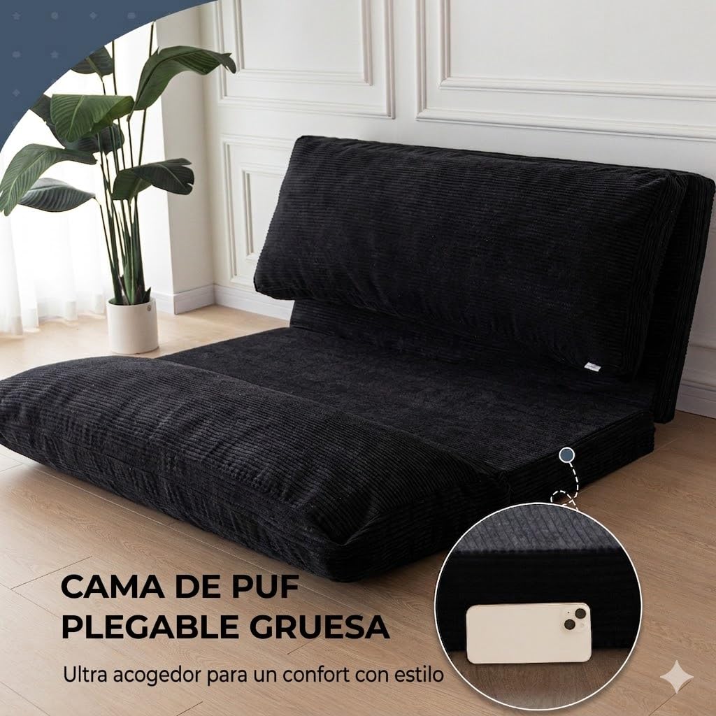 MAXYOYO - Puf plegable de pana con relleno de espuma, extra grueso, 4 capas, colchón/sofá de suelo para adultos, funda extraíble y lavable a máquina, color negro, 135 x 240 cm