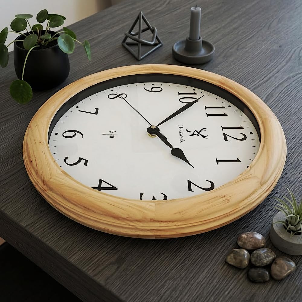 Holzwerk SONNEBERG (Funk) Natur Vintage Retro Holz Funk Wanduhr Glas Holz-Uhr Funkwanduhr Funkuhr nahezu lautloses Uhrwerk Massivholz 14 Zoll 35cm Braun Beige Buche große Ziffern