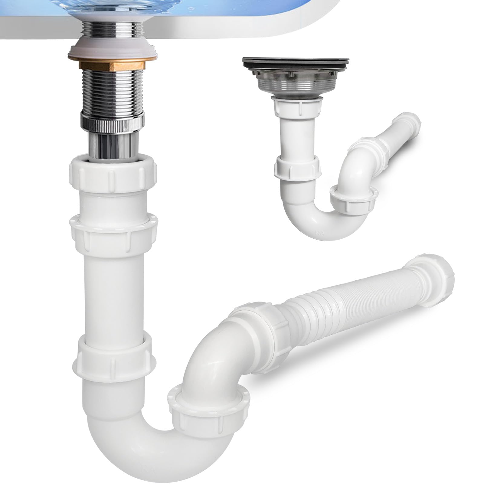 P Trap - Kit de drenaje universal para fregaderos de baño, fregaderos de cocina, 1 1/4 y 1 1/2, kit de drenaje de trampa de residuos con tubo de extensión flexible, altura ajustable