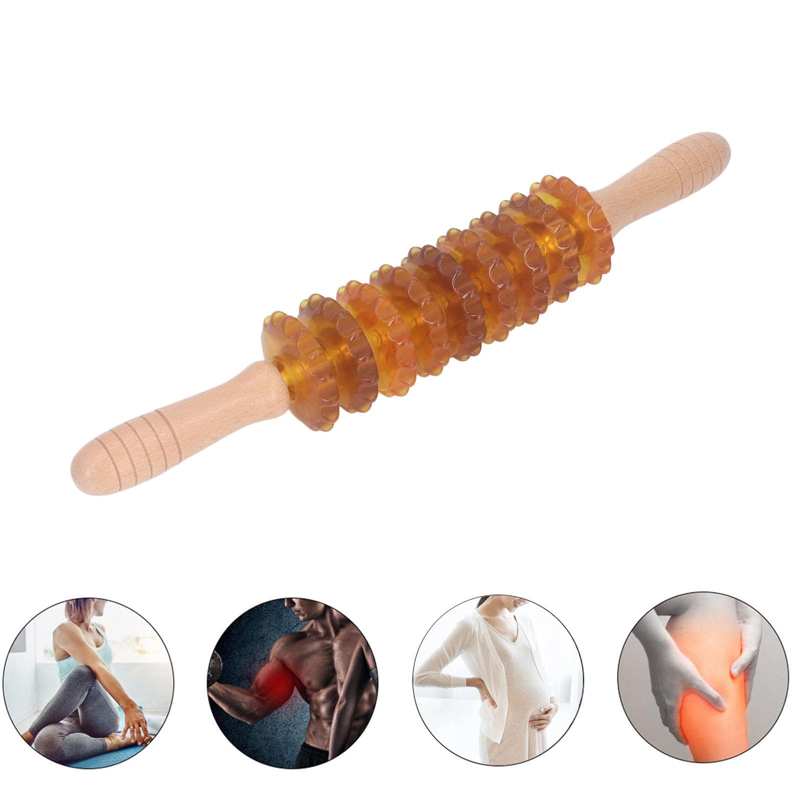 Gebogener Massageroller mit 9 Rädern, manuelles Therapie-Muskelwerkzeug aus Holz für die Lymphdrainage, Cellulite-Massage (Gelb)