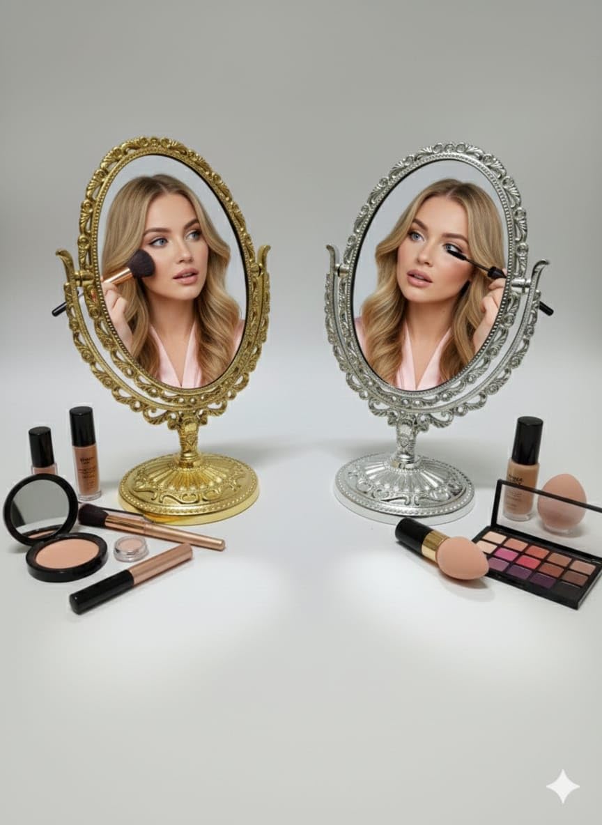 SIR INTERNATIONAL Vintage Style Oval Tabletop Makeup Mirror, Double-Sided 360° Rotating Vanity Mirror with Stand, Gold & Silver Set, Metal Frame, Decorative