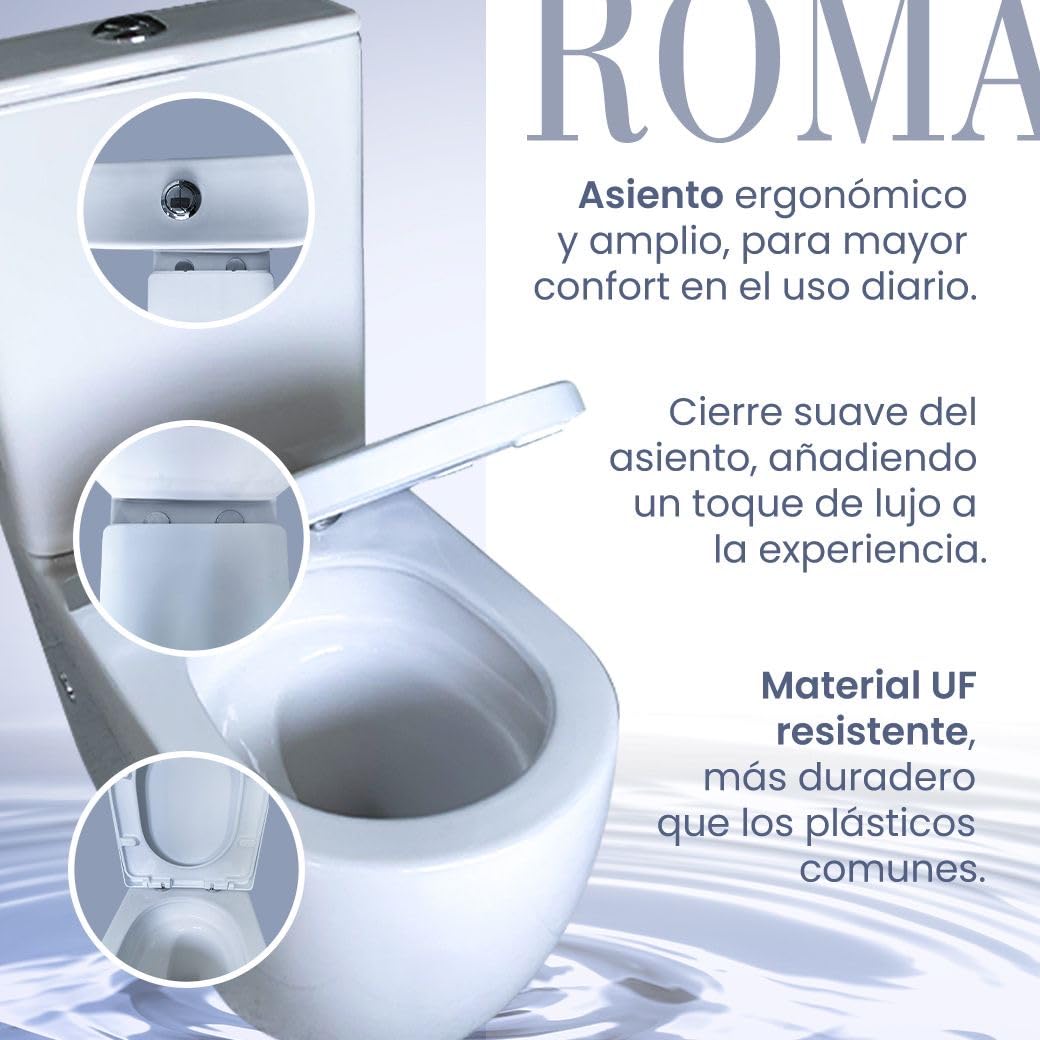 Inodoro Completo Moderno, Inodoro Blanco, Retrete para Hogar, Sistema Rimless Antibacterias, Tapa Dura Extrafina Amortiguada Salida Dual, Material UF Resistente