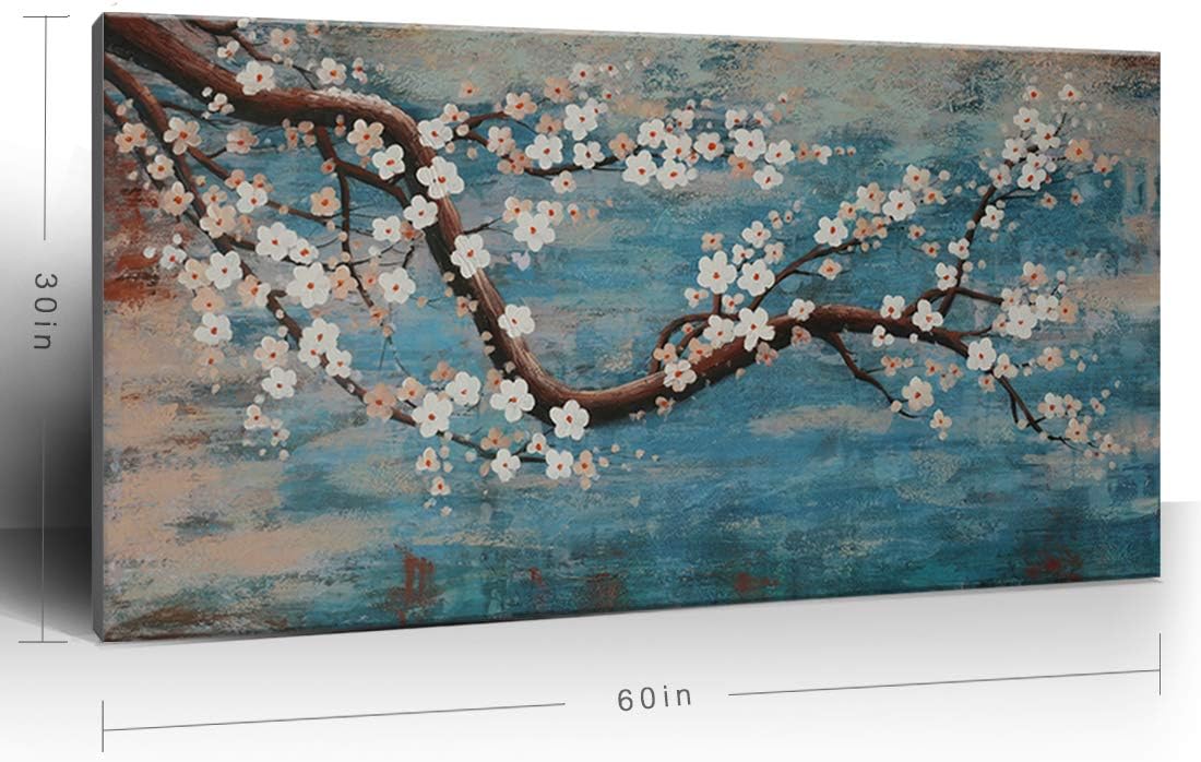 Huge Wall Art for Living Room 100% Hand-Painted Flower Oil Painting On Canvas Gallery Wrapped Floral Plum Blossom Artwork for Bedroom Office Decor One Panel 60x30inch Extra Large Plum Blossom Oil Painting 60 x 30 inch