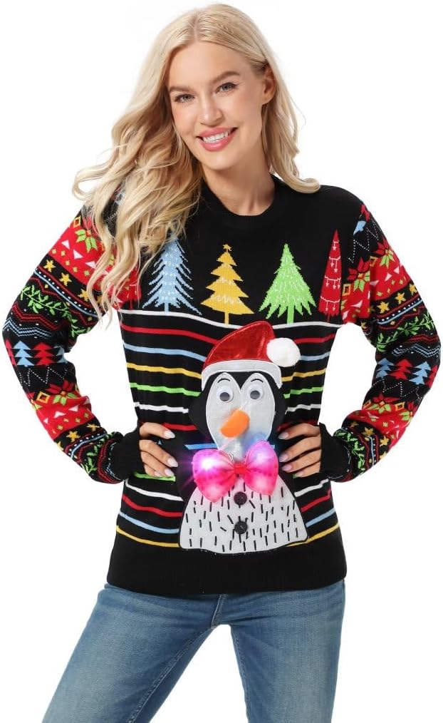 LED Ugly Christmas Sweater for Women, Unisex Men Xmas Pullover with Light for Party Festive