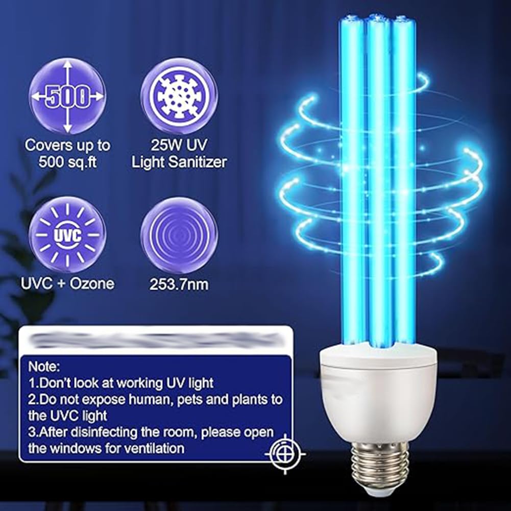 Genérico Bombilla Germicida UVC de 25W, Bombillas de Luz UV de 254nm con Base E27, Esterilización de 360° para Áreas de 500 pies Cuadrados efectivas