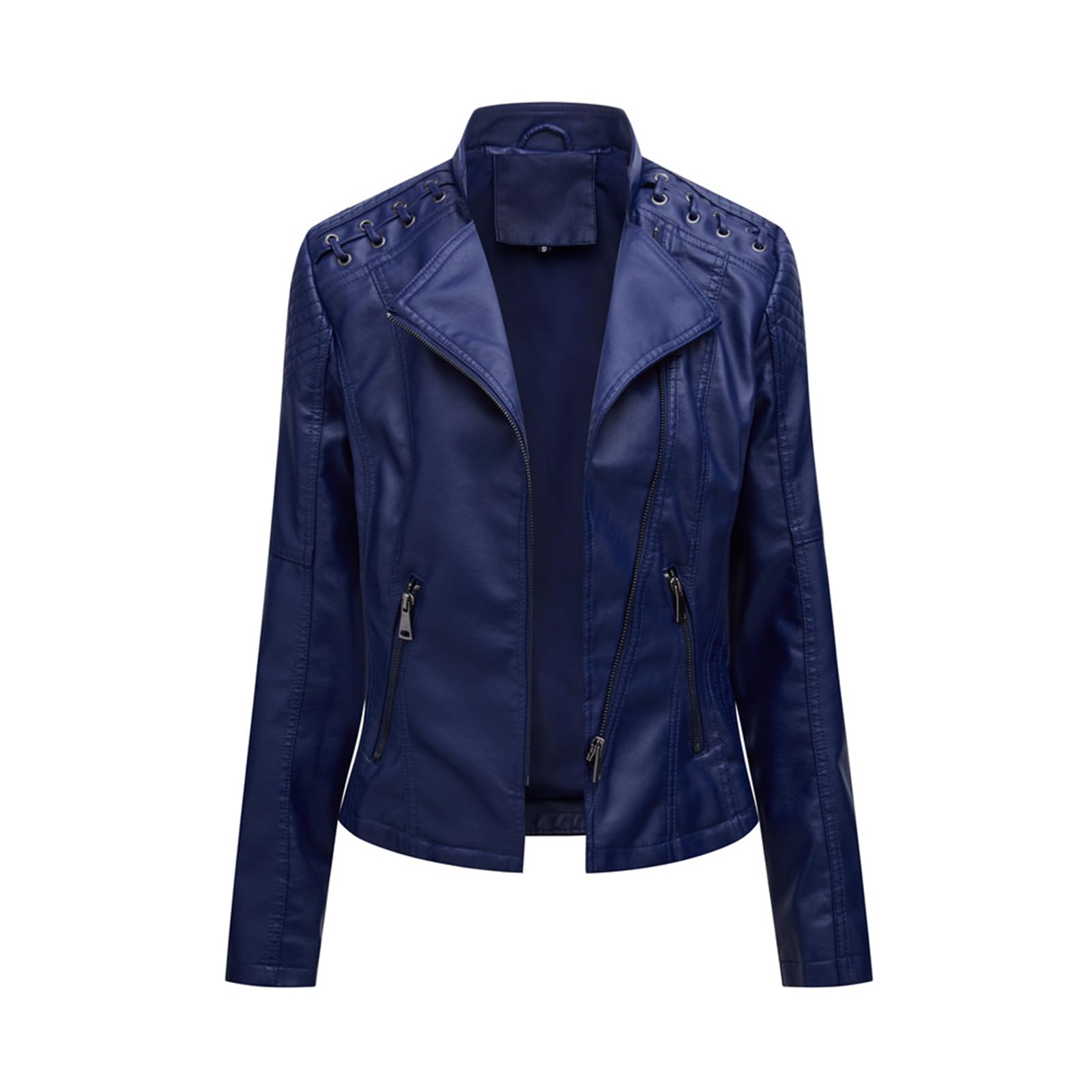 LIEVETY Women's Faux Leather Moto Jacket Zip Moto Pu Leather Biker Jacket Coat with Pockets Outwear Slim Coat (Navy Blue,3XL)