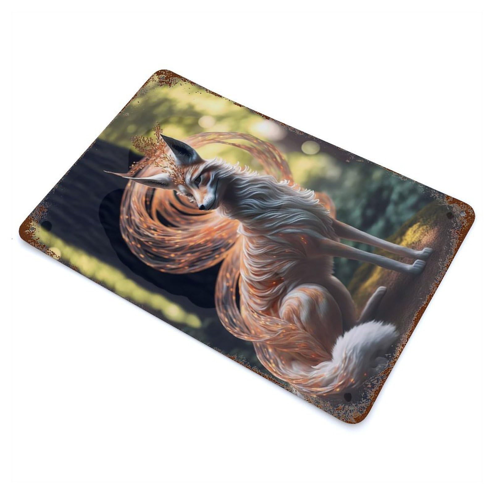 Rusty Metal Tin Sign with Japanese Kitsune Fox Design 11.8"x7.9", for Farmhouse, Kitchen And Entryway Decor, Rustic Home Decor