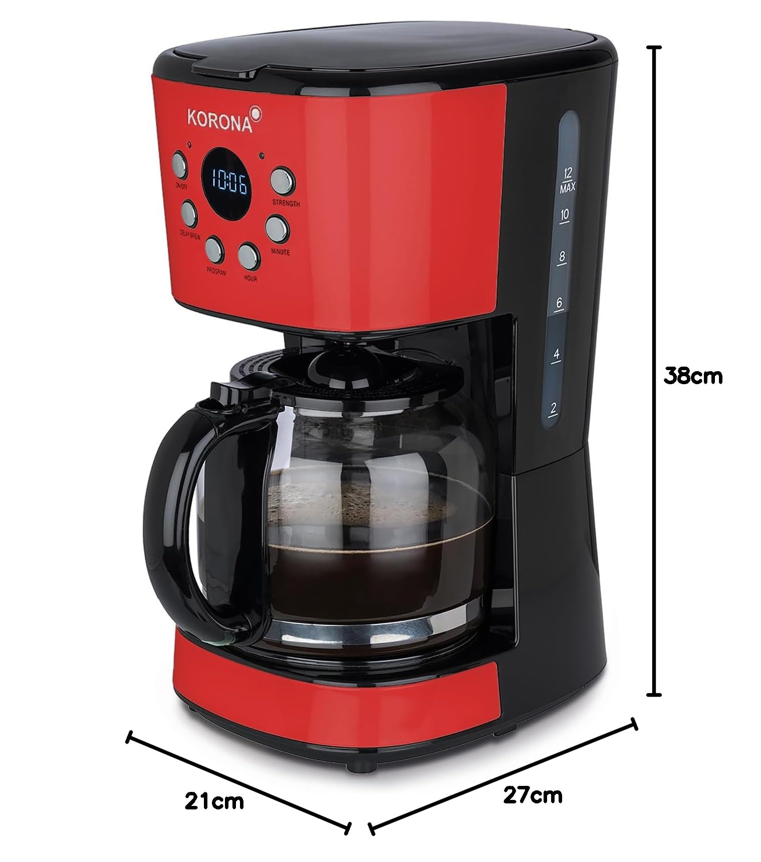 Korona 10667 - Macchina da caffè retrò, colore rosso, 1,5 litri, con filtro LCD, timer, con filtro permanente