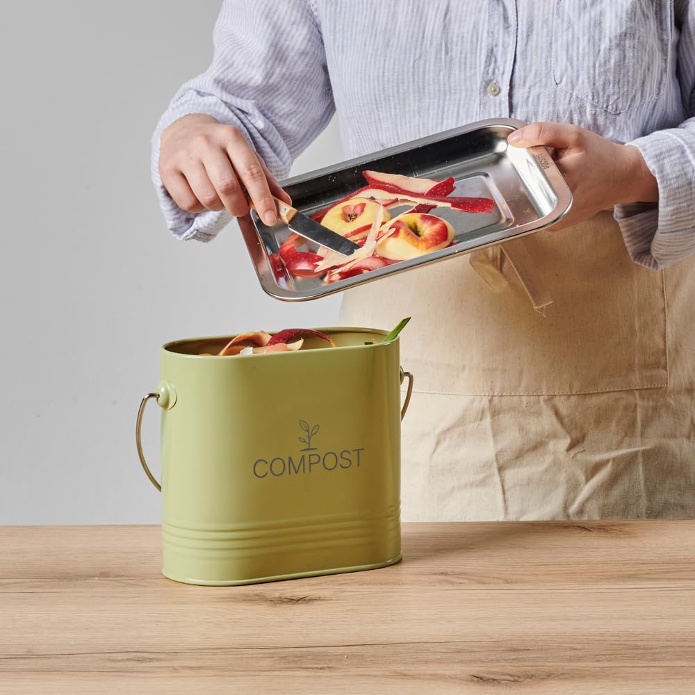 Seau à Compost 7L Ovale – Filtre Charbon Anti-Odeurs – Acier Peint Vert Sauge – Poignée Bois – Composteur Cuisine Grande Capacité – Garantie 5 Ans - 040631