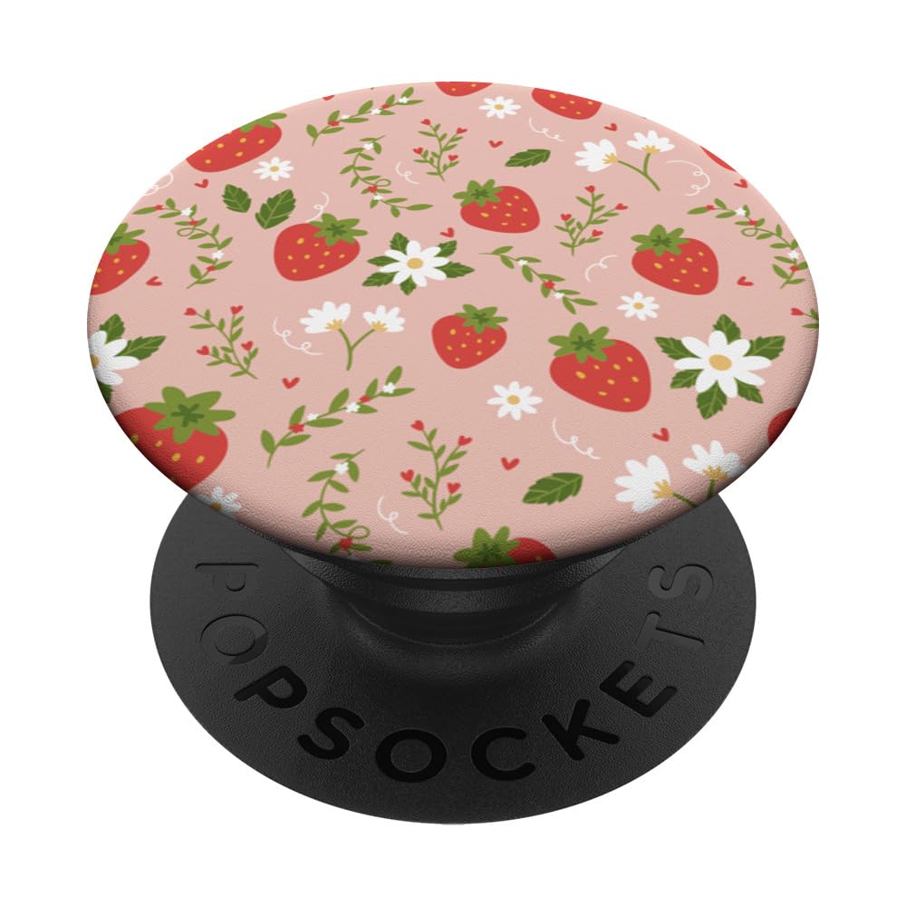 Pink Strawberry Daisy Flower Cottagecore Kawaii Strawberries PopSockets Adhesive PopGrip
