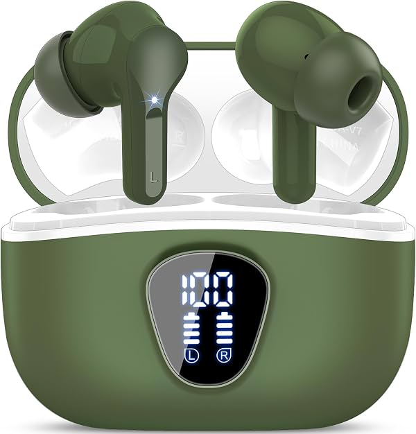 BESNOOW I53 ENC Auriculares inalámbricos Bluetooth 5.4 HiFi estéreo intrauditivos | Con micrófono con cancelación de ruido ENC, resistentes al agua IP7, 48 horas, pantalla LED, para tabletas, teléfonos, ejercicio y deportes, verde