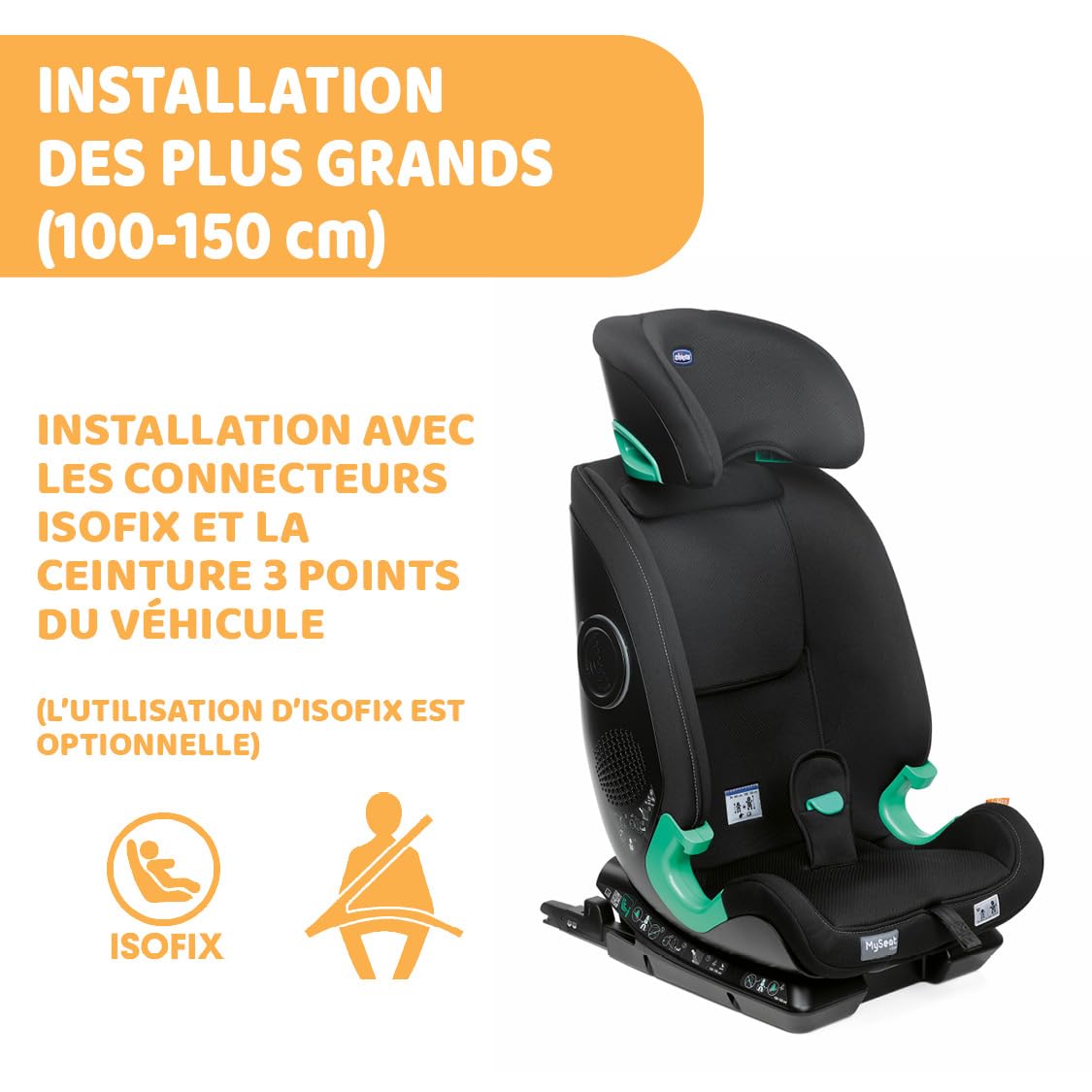 Chicco Fotelik samochodowy MySeat i-Size, łatwy montaż za pomocą złączy ISOFIX i Top Tether, odchylany, regulacja wysokości, zatwierdzony przez ECE R 129/03 (rozmiar I), 76-150 cm, od 15 miesięcy
