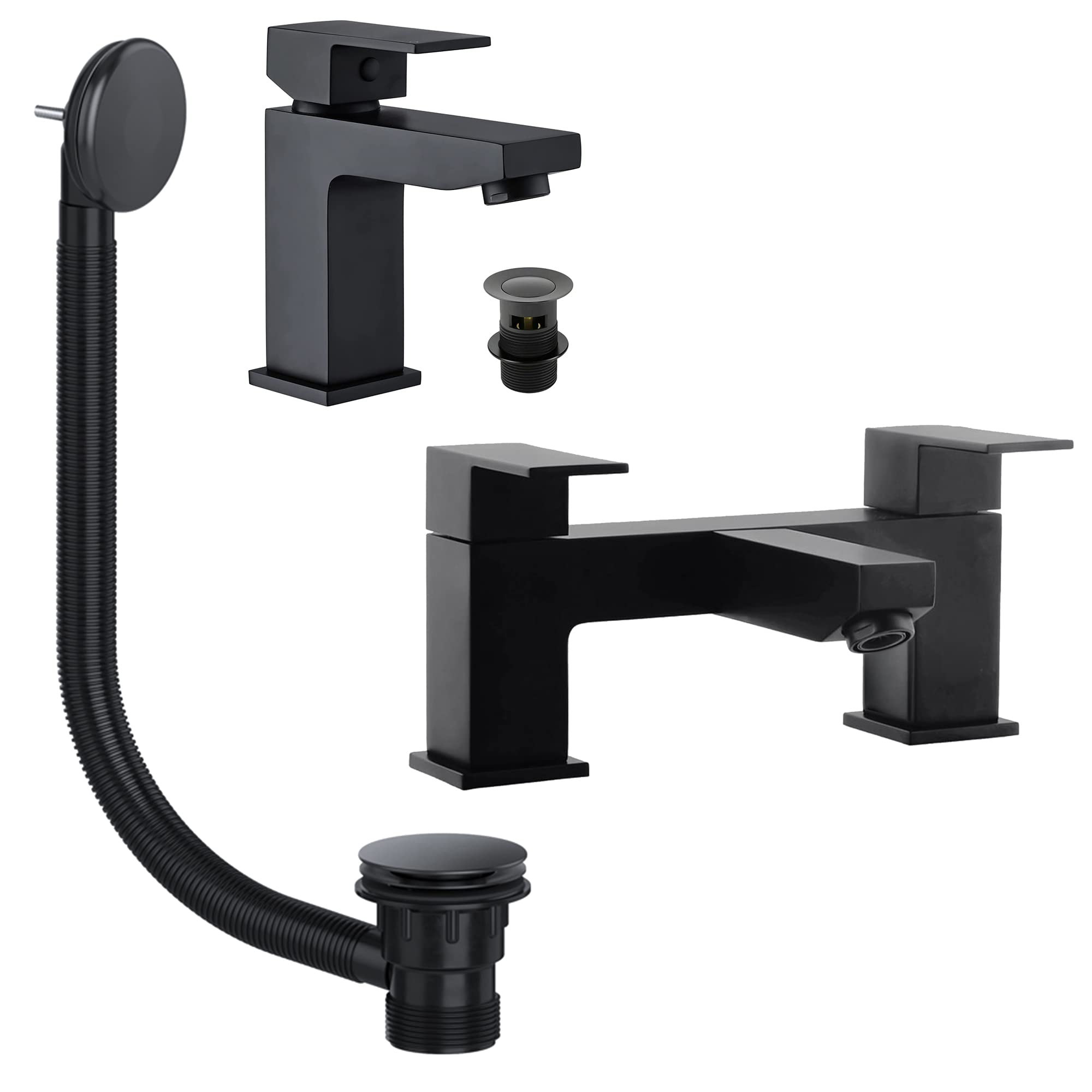 Black Matt Square Basin & Bath Filler Tap Set Including Bath Waste