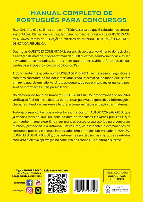 Back cover of the Complete Portuguese Manual for Public Exams, showing a detailed description of the book's content and features in Portuguese.
