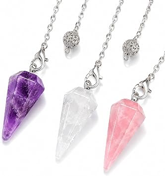 3 Pcs Pendulum Crystal, Natural Amethyst Crystal Rose Quartz & Green Crystal Pendulum Gemstones, Crystal Angel Pointed with Chain 19 cm, Gemstones Gifts for Friends