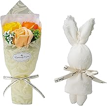プレゼント 花 ソープフラワー くま うさぎ タオル & シャボンフラワー セット 卒業式 ブーケ 花束 ソープ ミニブーケ タオルセット 誕生日 母の日 プチギフト 退職祝い フラワーギフト おしゃれ 可愛い ホワイトデー バラ SF-GM-5470-O (うさぎ, オレンジ)