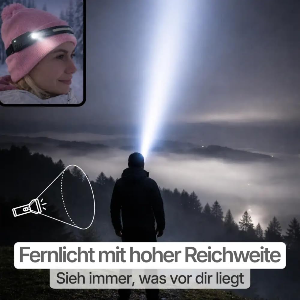 Adventure Light 2.0 - Das Original Wiederaufladbare LED Stirnlampe - Superhell 230° Weitwinkel, Gestengesteuert, Leicht, 3 Modi für Joggen, Angeln, Laufen