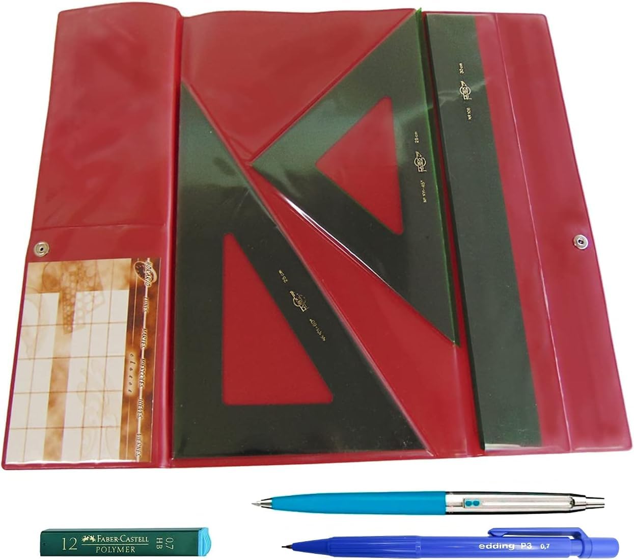 Faibo Lote Estuche técnico Verde Juego Compuesto por Regla 30 cm GRADUADA, escuadra y cartabón de 25 cm SIN GRADUAR + Portaminas Edding P12 + 1 Tubo de 12 Minas Faber Castell 0.7 mm HB