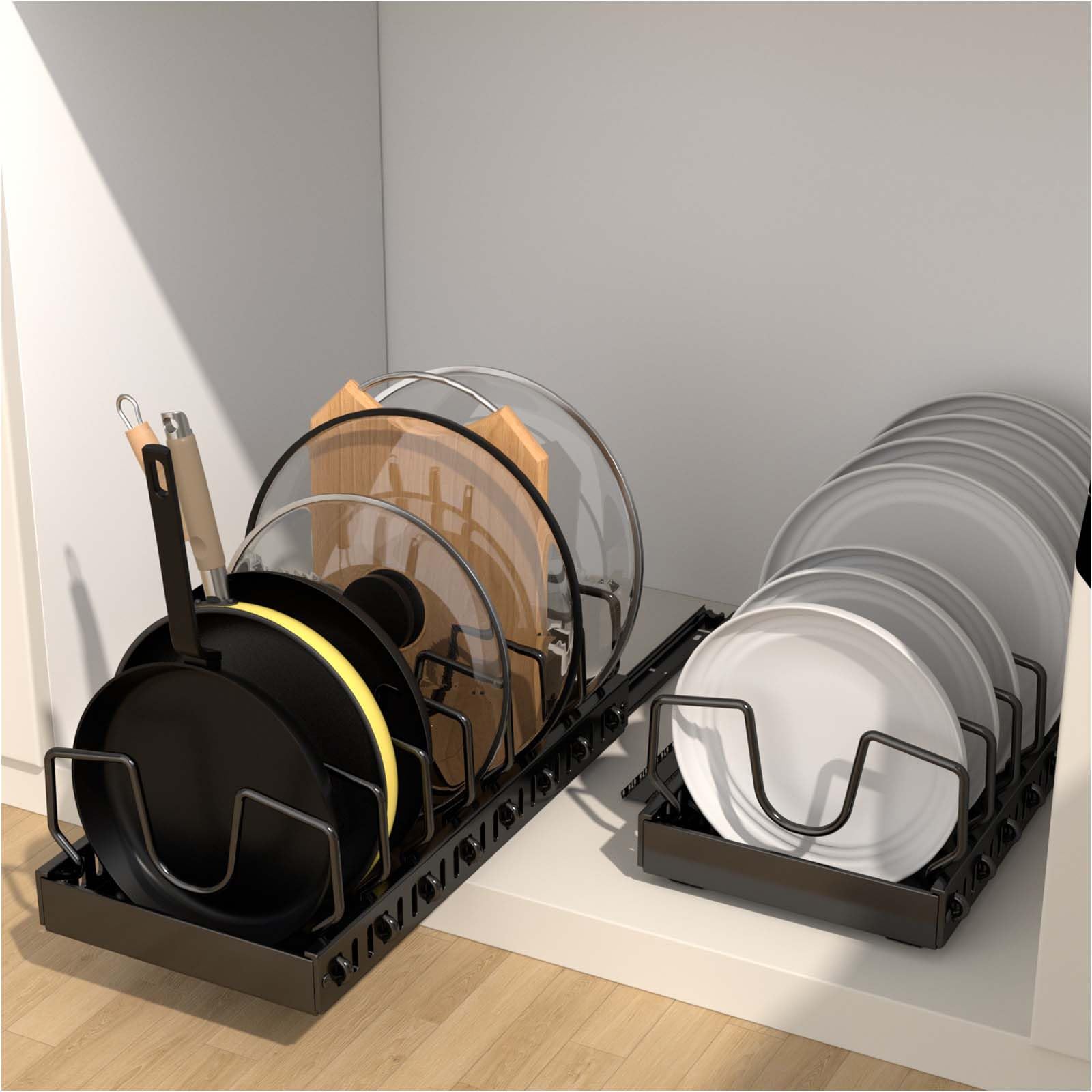 Pots and Pans Organizer Under Cabinet, Sliding Lid Holder and Pan Rack in Kitchen, Slide Out inside Cabinet Storage for Pot Lid, Bakeware, Dishes, 8 Adjustable Dividers, 2 Pack Black