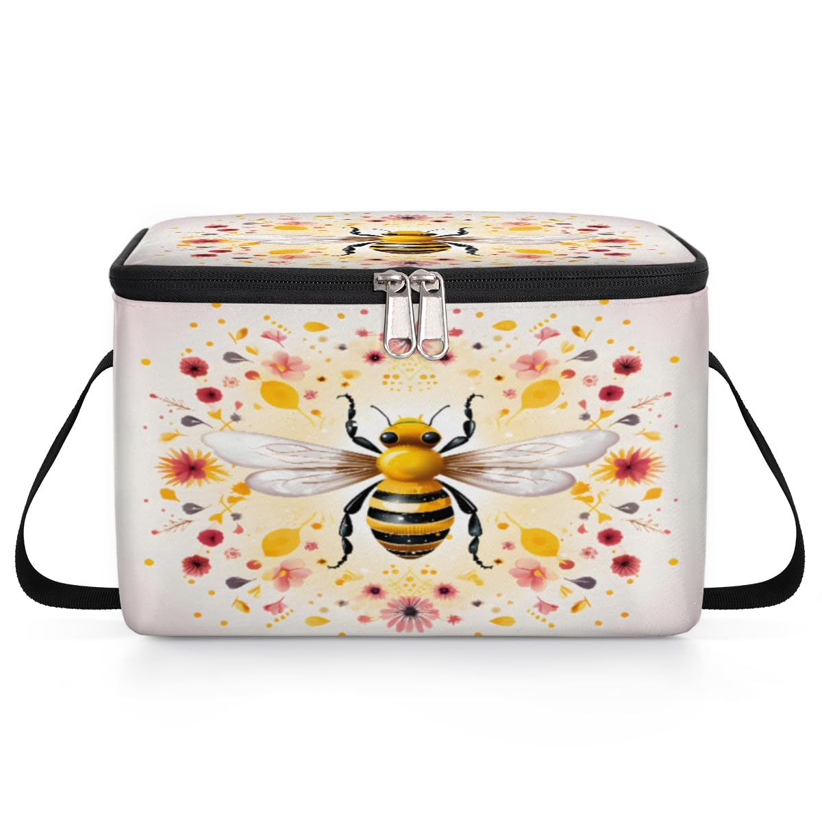 GzLeyigou Honeybee Floral Lunch Bags for Women Men 9 Cans, Hot & Cold Food Delivery Bag Insulated Grocery Bag Insulated Lunch Box Honeybee Cooler Bag for Office Work Picnic Beach