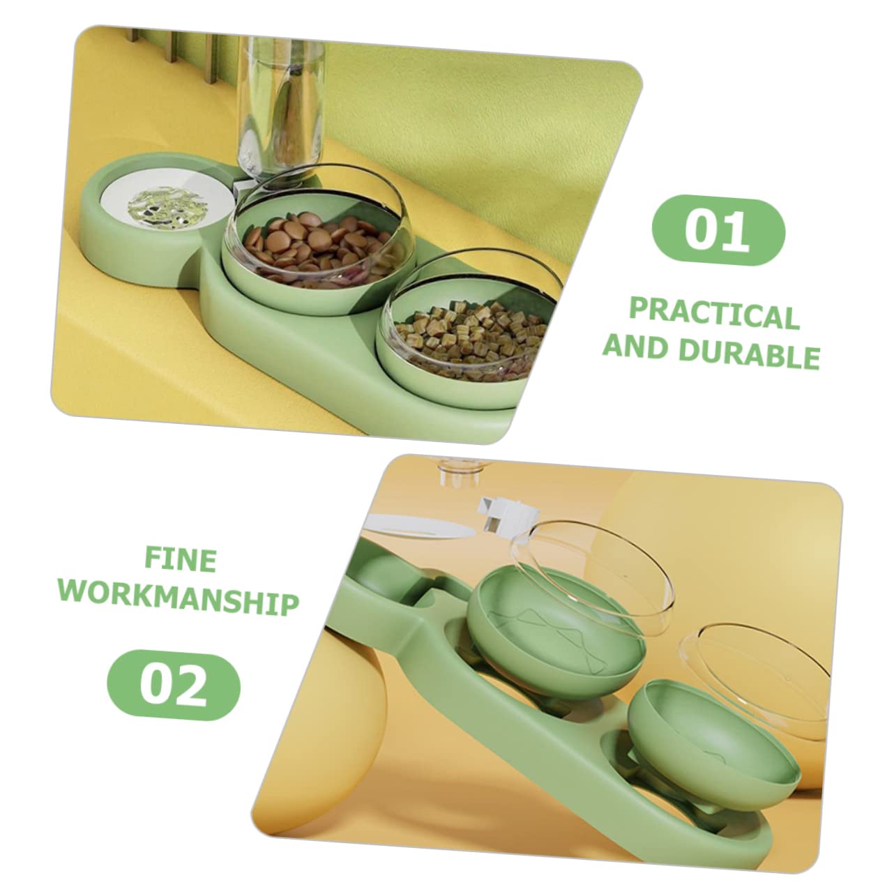 Gamelle Double Surélevée pour Chat, Inclinée, Anti-déversement, 1 Set | Plastique Vert Clair, Antirouille, Usage en Alimentation Animale, Format Pratique pour Chats