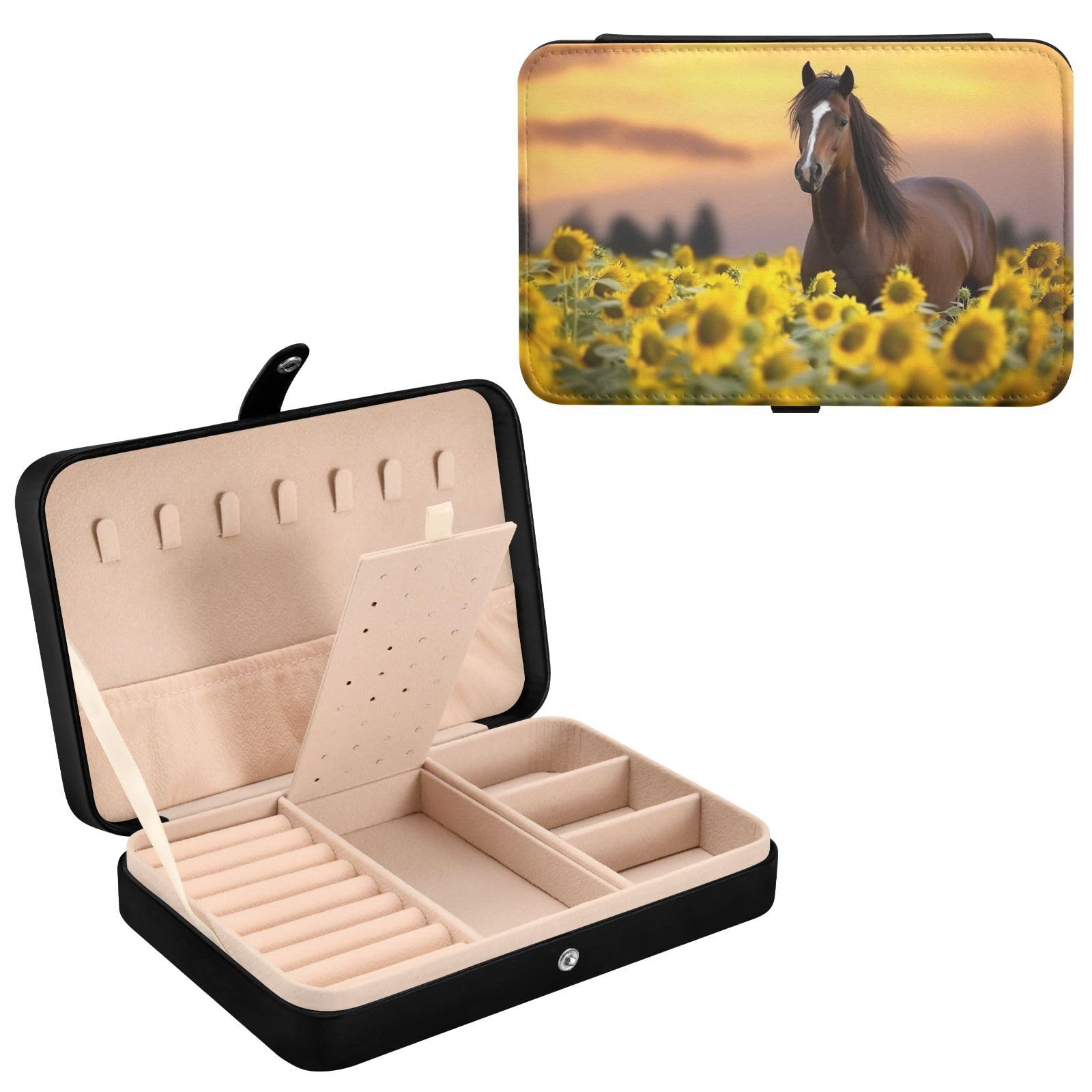 Haskirky Horse Sunflowers Jewelry Box Portable PU Leather Travel Jewelry Organize for Women Jewelry Storage Display Holder for Ring, Necklace, Earring