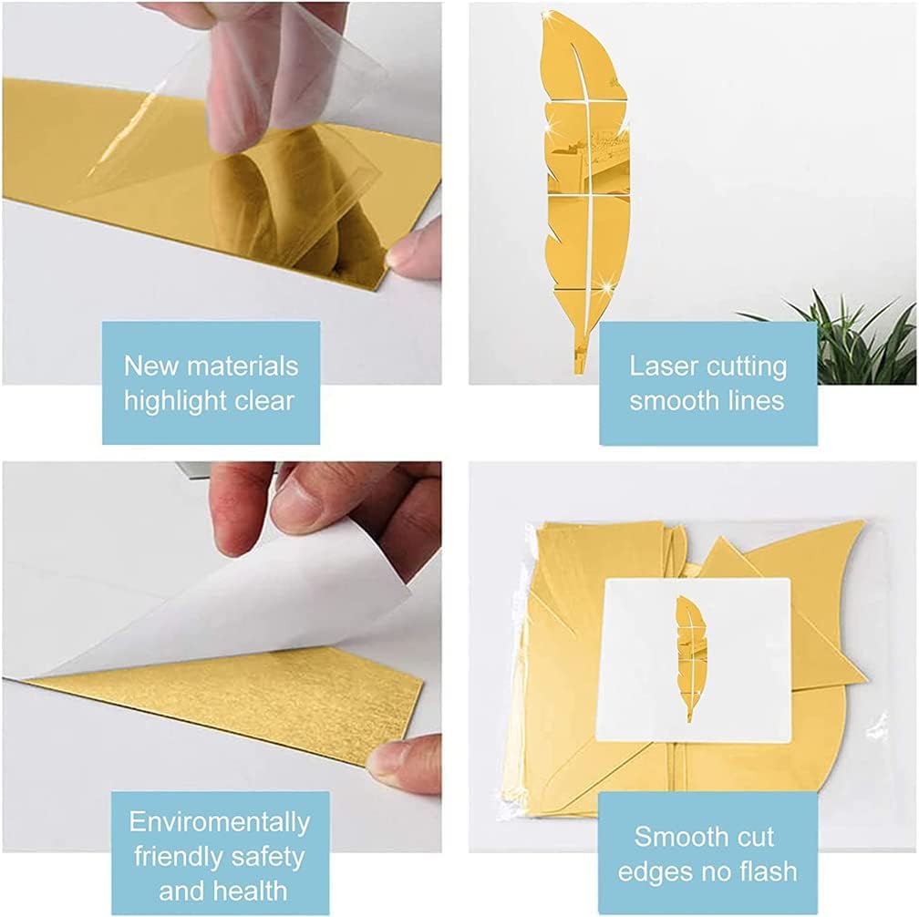 Feather Shaped Mirror Stickers, Removable 3D Acrylic Wall Decor, Self Adhesive DIY Art Decals, Home Decorations for Living Room, Bedroom, Bathroom, Hallway, Office (Gold)