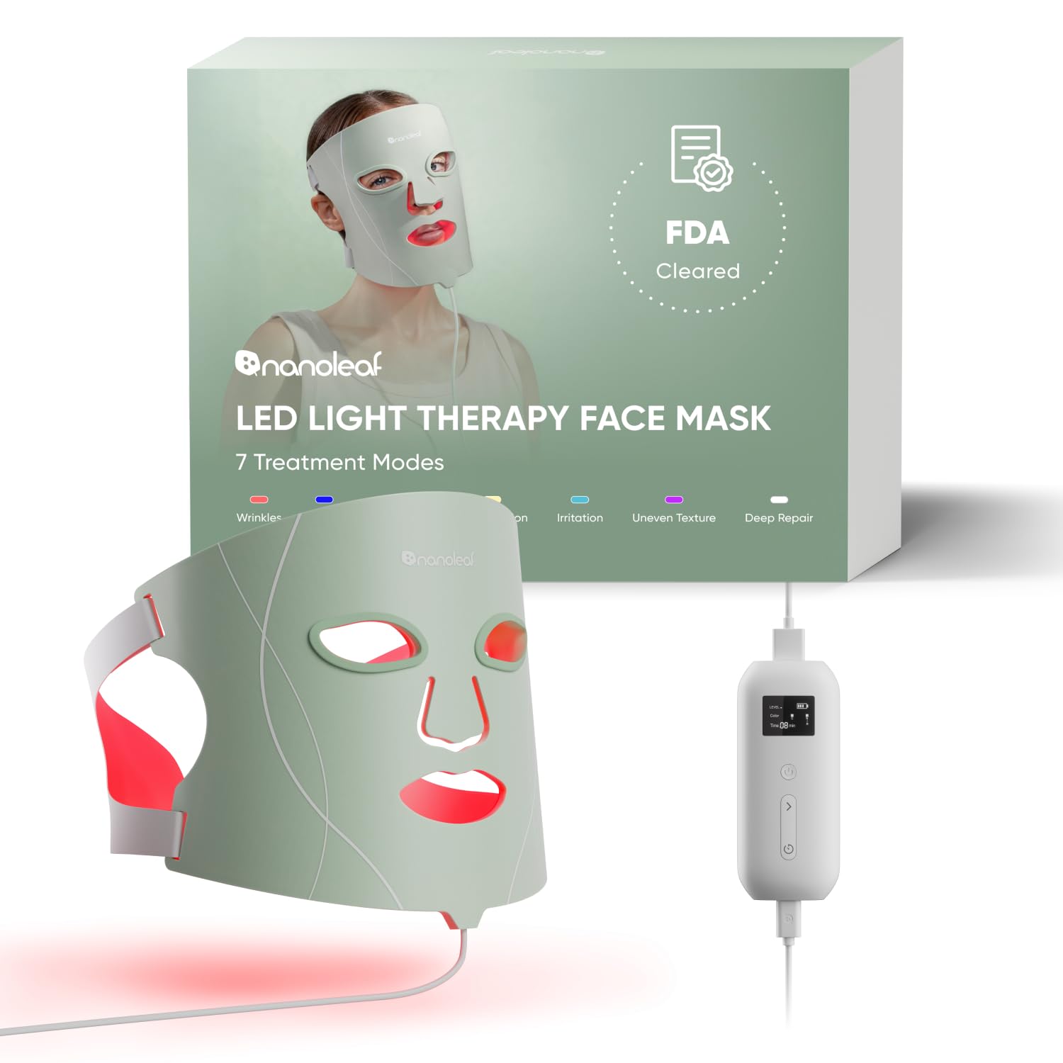 Nanoleaf FDA-Cleared LED Face Mask with 7 Light Therapy Modes - Professional Red, Blue & NIR Light Treatment Device for Wrinkles, Acne & Skin Rejuvenation - 432 LEDs, Rechargeable
