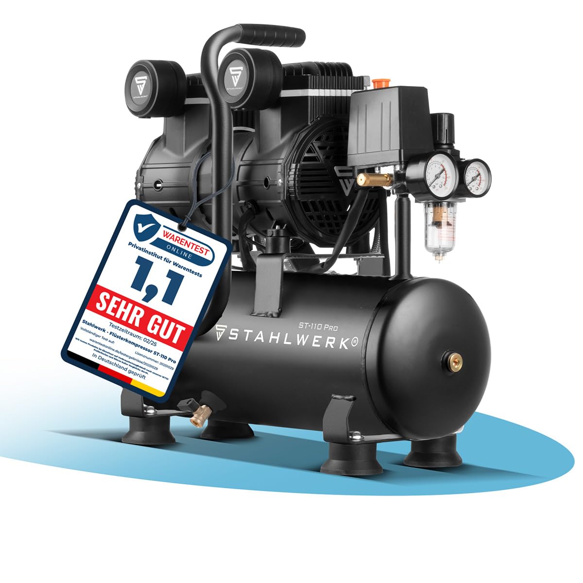 STAHLWERK Silentkompressor ST-110 Pro - ölfrei & leise, 1,6 kW, 10 bar, Druckluftkompressor für Profis und Anwender, 2,1
