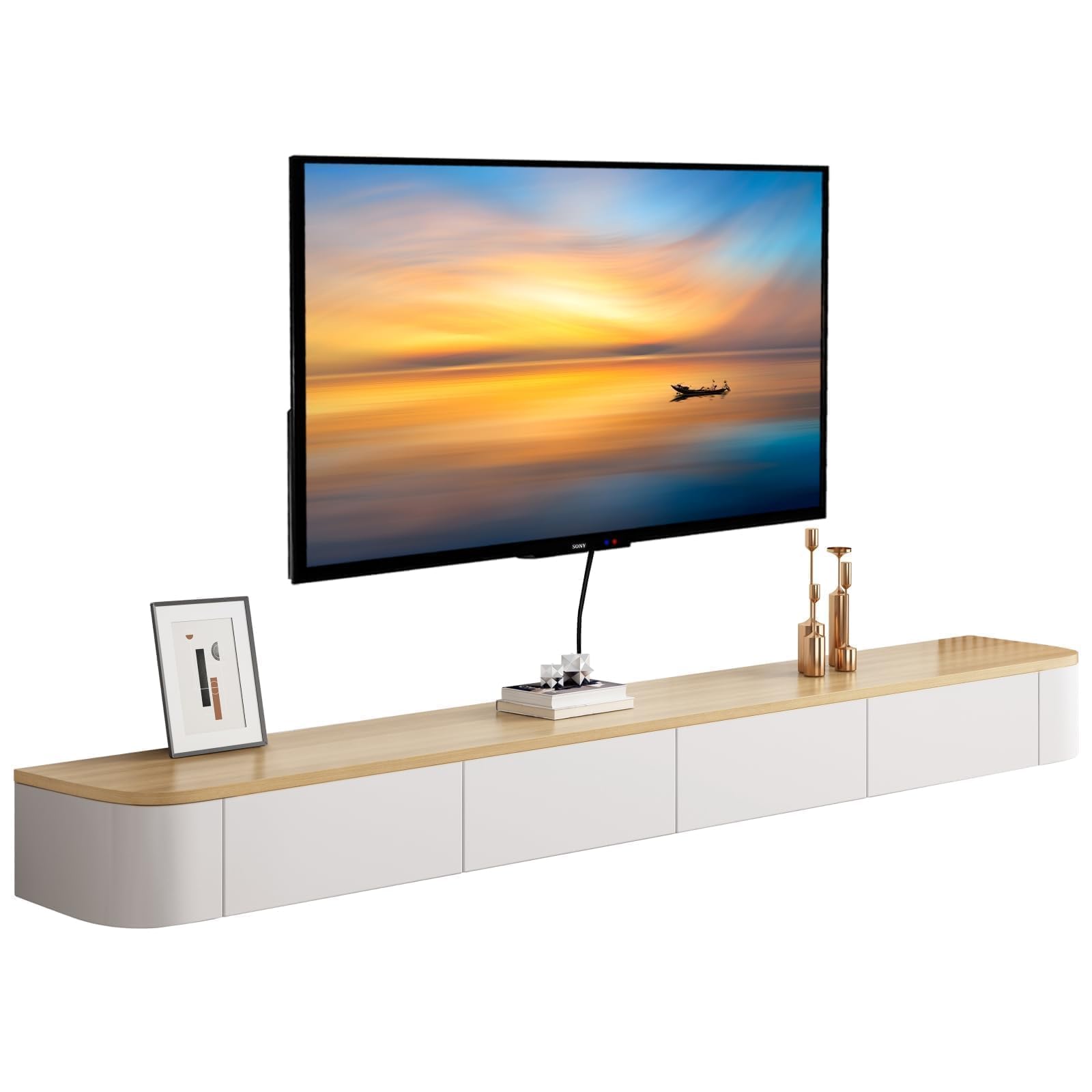 Meuble TV suspendu blanc et bois 140cm meuble tele murale