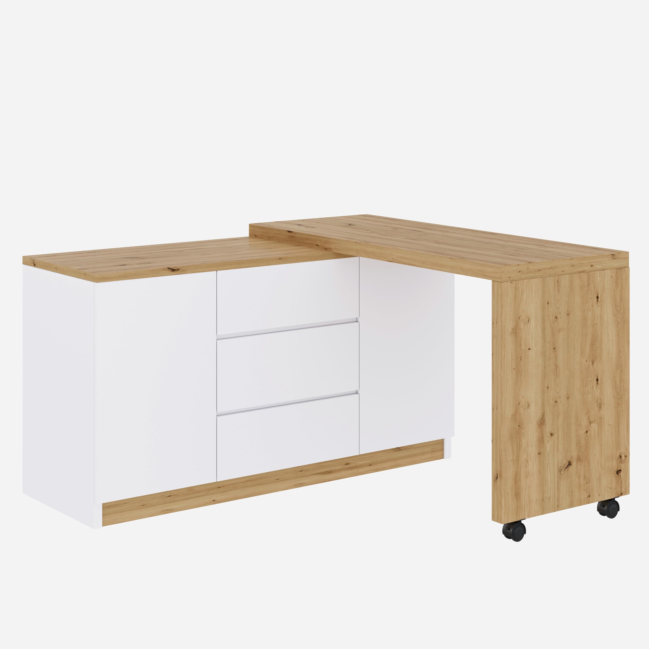 Lexiou Escritorio con ruedas con bloqueo, diseño multifuncional, 4 cm más grueso, mesa giratoria con bloqueo fijo, escritorio plegable, escritorio de esquina, aparador (roble + blanco)