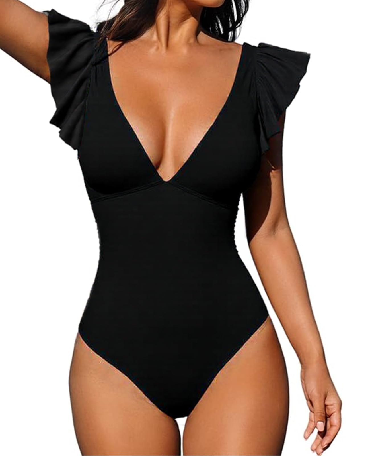 Damen Badeanzug mit Rüschen V Volant-Ausschnitt Monokini Volants Bademode Swimsuit Shape Badeanzug mit Strandbikini Monokinis(Schwarz,XXL)
