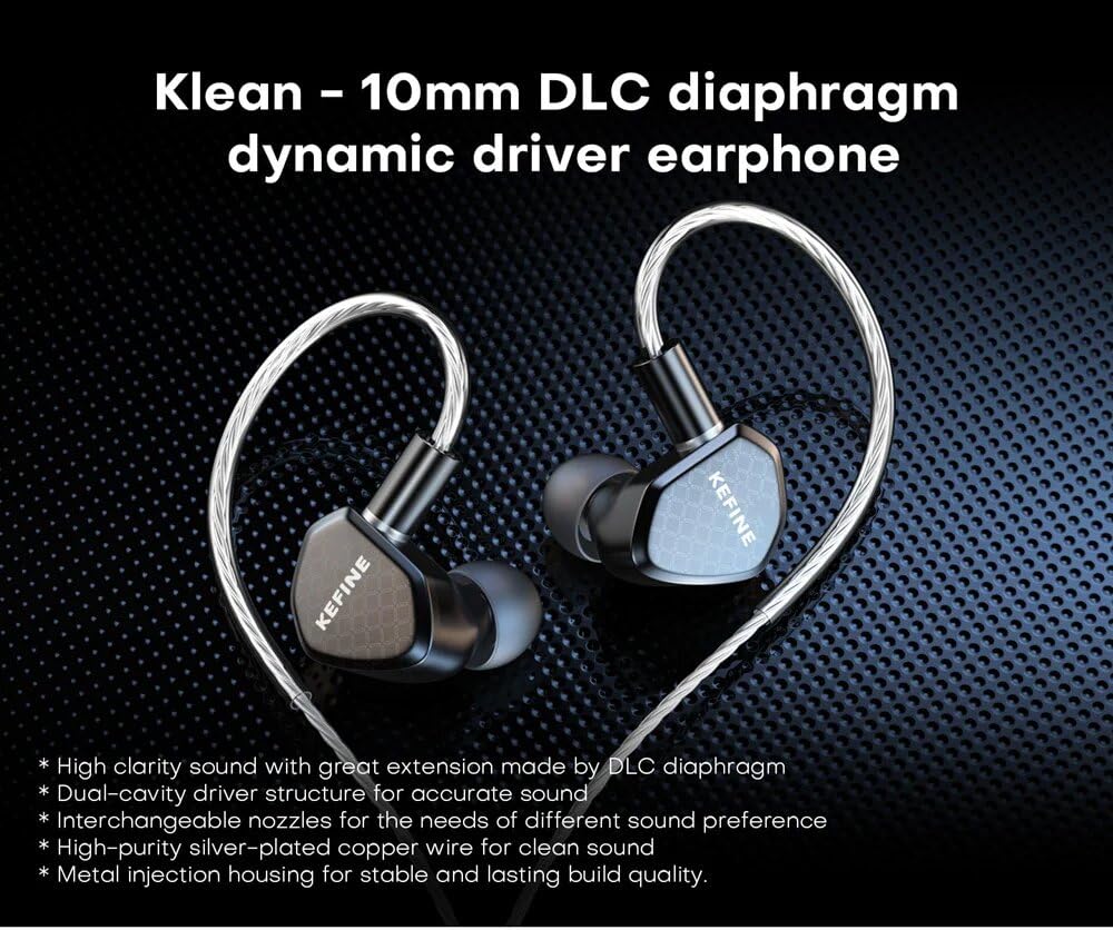 KEFINE Klean Monitory douszne, IEMs do gier, 10 mm membrana DLC, dynamiczny przetwornik, podwójne wnęki IEM z posrebrzanym miedzianym kablem, przewodowe słuchawki douszne 3,5 mm (czarne, bez
