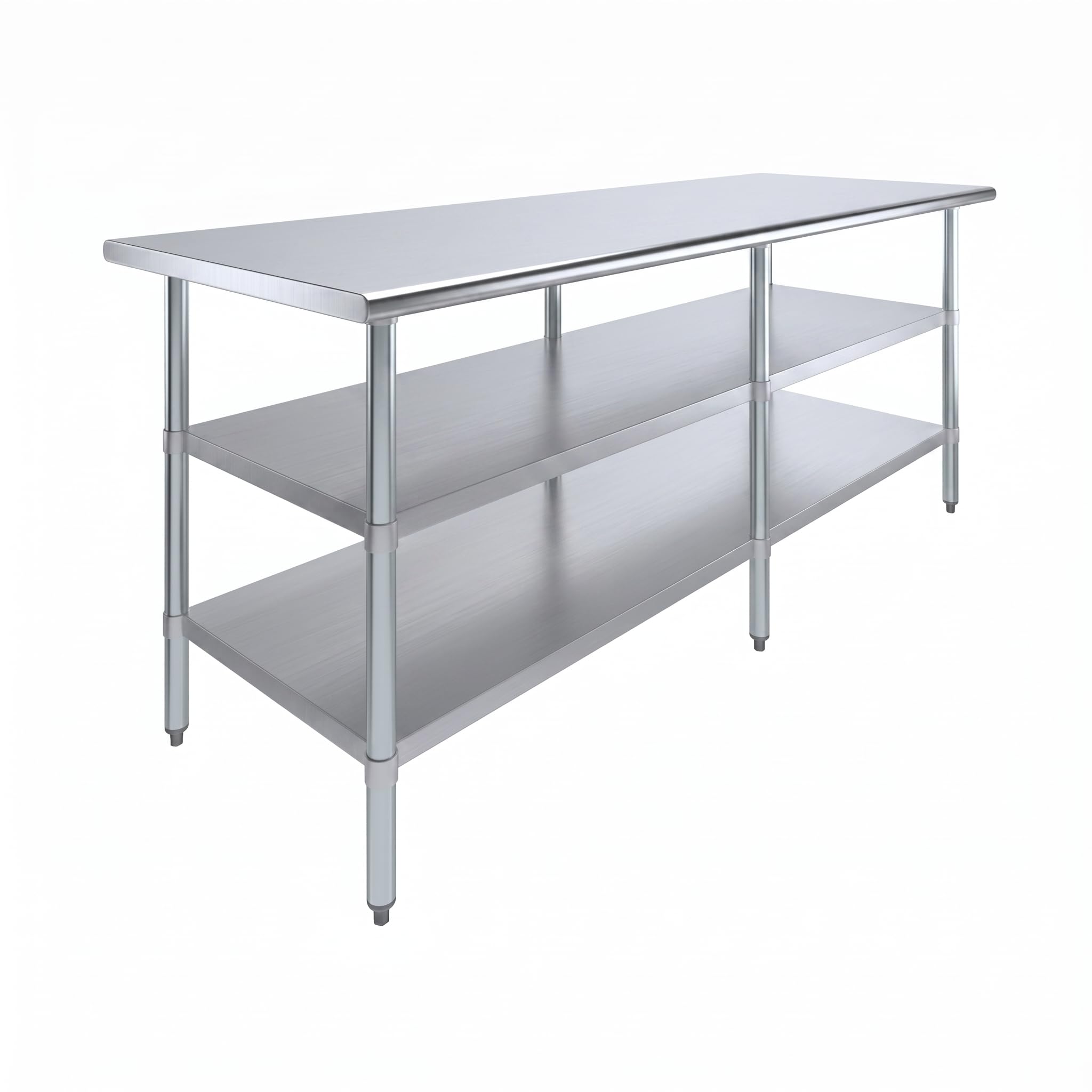 AmGood 84 in. Long x 30 in. Deep Stainless Steel Work Table with 2 Undershelves - NSF 18-Gauge 430 Top, Dual Galvanized Shelves | Commercial Prep Table, Adjustable Feet