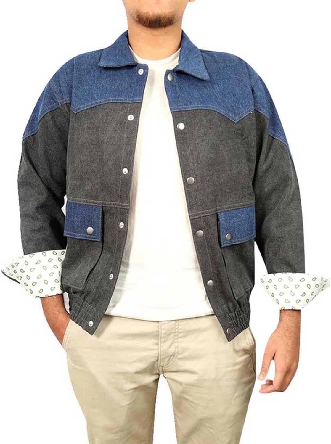 Men Blue & Grey Denim Jacket - Retro Vintage Jean Jacket, Blue Denim Jacket for Men