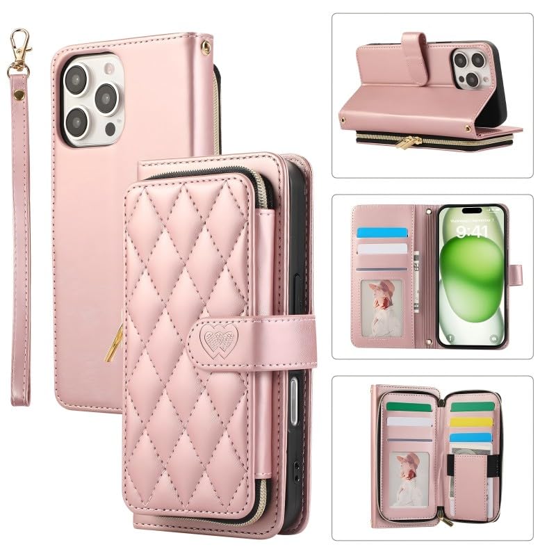 YYTVN Wallet Case for iPhone 16 Pro 6.3 inch with Zipper Card Holder & Shoulder Strap & Wrist Strap, Crossbody Purse Handbag Stylish Protective Cover